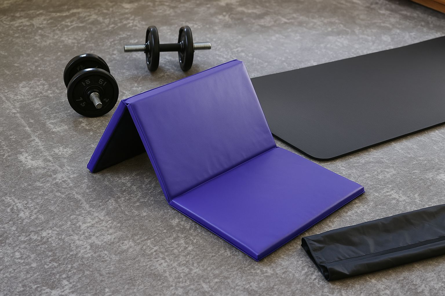 En person förbereder ett hemmagym med en uppfällbar träningsmatta.