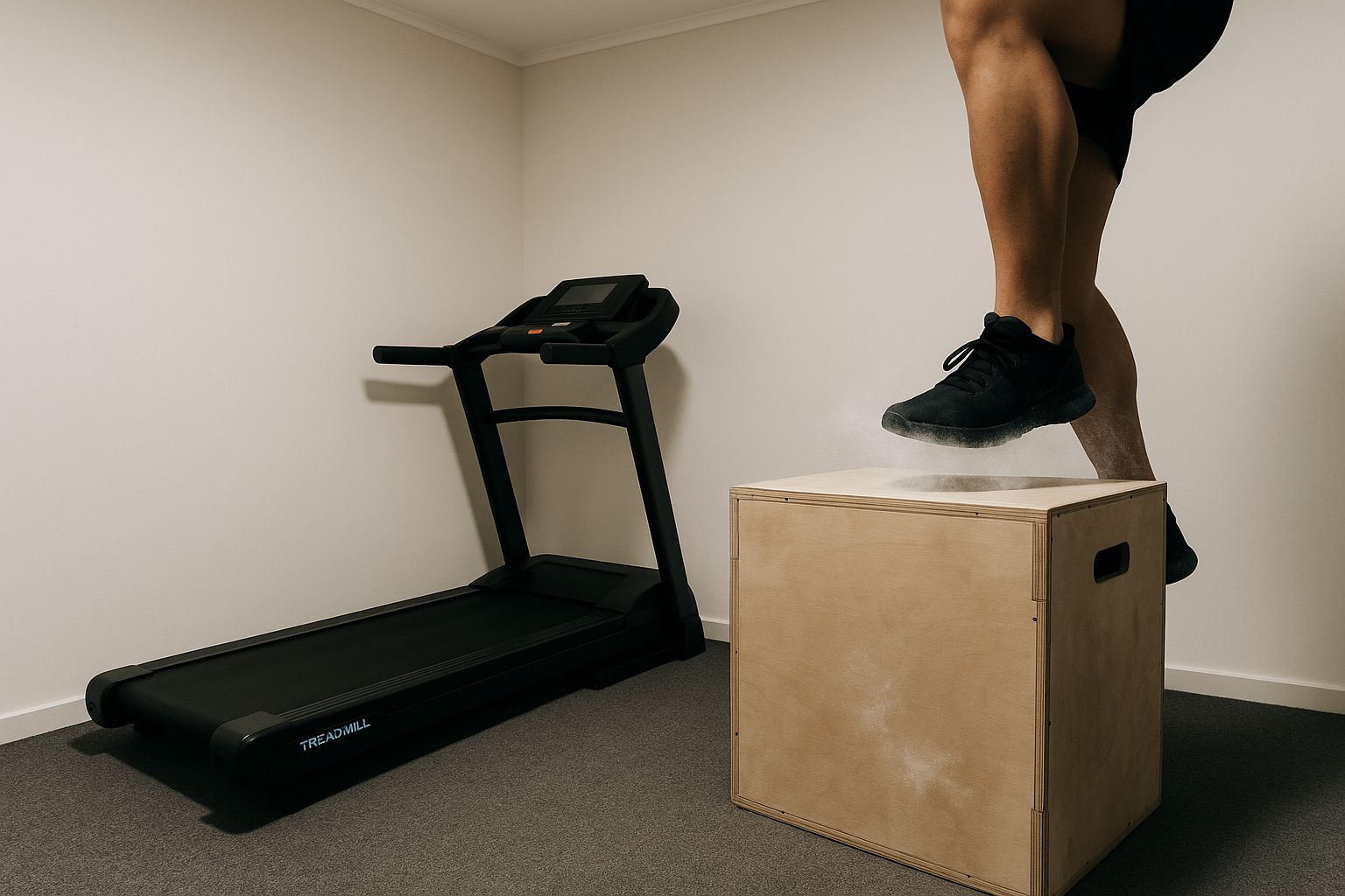 Flicka lyfter vikter i ett litet minimalistiskt hemmagym med smart förvaring.